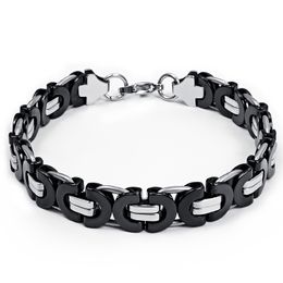 Fashion Style Top Selling Classical Handmade 8mm Stainless steel Silver Black Two Tone Flat Byzantine Chain Bracelet 8.66''