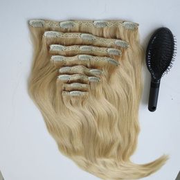 280g 20 22inch 100% Human Hair Clip in Hair Extensions Smooth Brazilian Hair 613#/Bleach Blonde Straight Hair 8pcs/set free comb