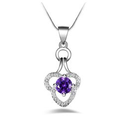 Free shipping fashion high quality 925 silver Double Heart Purple diamond Jewellery 925 silver necklace Valentine's Day holiday gifts hot 1668