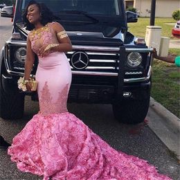 Aso Ebi Mermaid Prom Dresses South African Lace Appliques Sleeveless Evening Gowns Ruched Sweep Train Pink Formal Party Vestidos