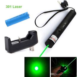 DHL 301 Green Laser Pointer Pen 532nm 5mw Adjustable Focus & Battery + Charger US Adapter Set Free Shipping