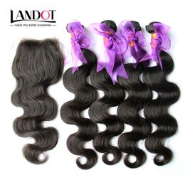 5Pcs Lot Indian Virgin Hair Body Wave Wavy With Closure 8A Unprocessed Human Hair Weave 4Bundles Add 1Piece Lace Closures Natural Colour Weft