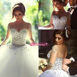 Transparentes Tüll-Ballkleid-Hochzeitskleid 2020 mit transparenten, langen Ärmeln, Rundhalsausschnitt, Schnürung am Rücken, Pailletten, Perlen und Perlen, hübsche Brautkleider BO7695