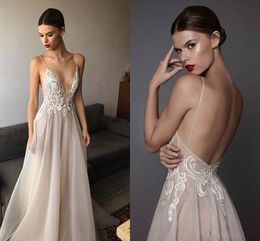 New Deep V Neck Spaghetti Straps Embroidered Chiffon Backless Summer Illusion Long Prom Dresses Ivory Berta Evening Dresses 235