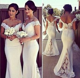 White Mermaid Bridesmaid Dresses Sweetheart Cap Sleeve Floor Length Long Dresses Evening Applique Backless Buttons Satin Bridesmaid Gowns