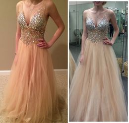 Vestido Longo Blingbling A Line Deep V Neck Evening Dresses Prom Gowns Tulle Crystal Beads Party Dresses Sheer Neck Straps robe de soiree