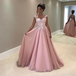 Arabic Blush Pink Prom Dress Long Formal Evening Party Gowns Lace Appliques Illusion Back Sleeveless A Line Formal Wear