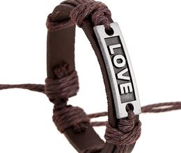 2015 latest version punk style 100% genuine leather bracelet handmade Alloy LOVE rope adjustable bracelet 20pcs/lot