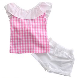 2PCS Toddler Kids Clothing Baby Girl Clothes 2018 Summer Sleeveless Plaid Shirt Ruffles Back Bow Tops + Shorts Pants Children Clothing Set