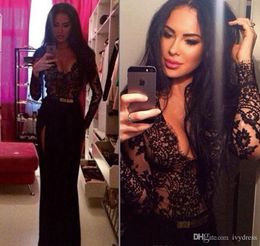 Exquiste Black Lace Mermaid Prom Dresses Long Sleeve Sexy Slit Evening Gowns Side Split Long Evening Party Dresses V Neck Graduation Gowns