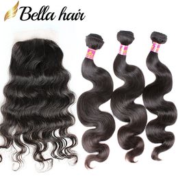 4x4 Silk Base Lace Closure With Hair Bundles Brazilian Virgin HairClosure Body Wave Human Hair Weft Extension Natural Colour 4pc Lot