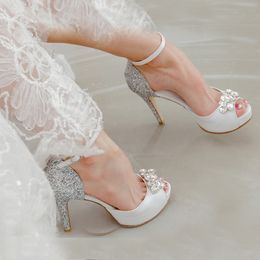 Genuine Leather Peep Toe White High Heels Buckle Strap Bridesmaid Shoes Silver Sequined Wedding Dress Shoes Fashion Party Pumps