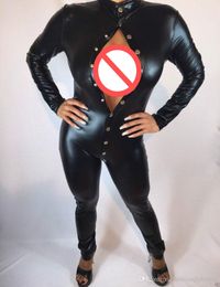 Sexy Black Catwoman Cosplay Leotrd Faux Leather Catsuit Fetish Gothic Jumpuit Buttons Front Bodysuit Night Clubwear