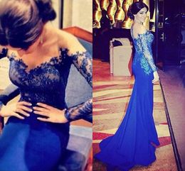 Hottest Mermaid Cocktail Dress Sheer Neck Appliques Back Zipper Long Sleeve Evening Dresses Gown Taffeta Sweep Train Prom Party Dresses 2015