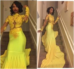 Long Sleeve African Girl Mermaid Prom Dresses Evening Party Dresses Lace Flowers Yellow Prom Graduation Gowns Gold Pageant Gowns Illusion