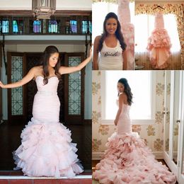 Real Image Pink Mermaid Wedding Dresses Swetheart Back Lace Up Tiered Beads Pick Ups Beach Wedding Gown Organza Sashes Cheap Bridal Dress