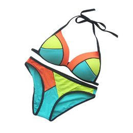 2015 Colour Block Women Bikinis Halter Strappy Bra Neoprene Bikini Brazilian Sexy Super Push Up Bikini Swimsuit Swimwear Women FG1511