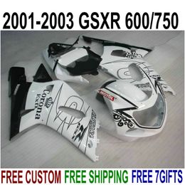 Top quality ABS fairings set for SUZUKI GSX-R600 GSX-R750 2001-2003 K1 white black Corona fairing kit GSXR 600/750 01 02 03 SK43
