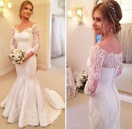 Lace Long Sleeves Wedding Dress Sexy Off The Shoulder Bridal Gowns Back Covered Buttons Sweep Train Wedding Dresses