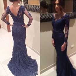 Navy Blue Lace Prom Dress With Sheer Illusion Neckline Long Sleeve Evening Dresses Mermaid Covered Low Back Party Gown Dinner Dress