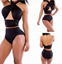 High Quality Women High Waisted Bathing Suits Slim Black Push Up Chest Wrapped Halter Bikini 5 Colours