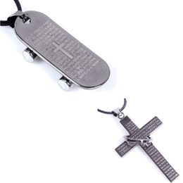 Fashion Punk Jewelry Scriptures Cross Pendant Necklace Titanium Steel Skateboard Cross Ring Necklaces for Men Women Gift