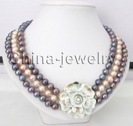 P7875 - 18.5-20.5" 3row 9-10mm black & pink round freshwater pearl necklace