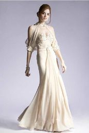 2016 Dubai Kaftan Exquisite Beige Mermaid Evening Desses Chiffon Strapless Long Prom Gowns with Half Sleeve Customise vestidos formales d040