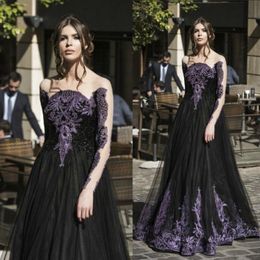 Gorgeous Black And Purple Lace Appliqued Prom Dresses 2016 Sheer Neck Illusion Long Sleeves Tulle Evening Gowns Floor Length Formal Wear