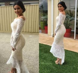 Lace Applique Arabic High Low Mermaid Evening Dresses Off Shoulder Cheap Party Formal Dress Long Sleeves Cocktail Gowns Evening Gown
