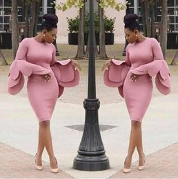 Unique 2018 Pink Short Sheath Cocktail Dresses For Women Crew Ruffles Long Sleeve Knee Length Dresses Party Evening Custom Made EN10313