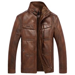 Fall-Vintage Leather Jacket Men PU Stand Collar Plus Thick Zipper Casual Sheep Skin Coat With Cashmere Winter Leather Coat Coffee