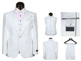 5 pieces White Suit Groom Tuxedos Shawl Lapel One Button Groomsmen Men Wedding Holiday Wear Custom Made(Jacket+Pants+Tie+Vest+handkerchief)