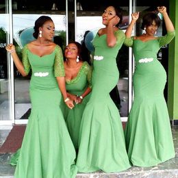 Green Bridesmaid Dress With Half Sleeve Chiffon Sheer Evening gowns Long Floor Length Africa Plus Size Crystal Formal party Prom Dress
