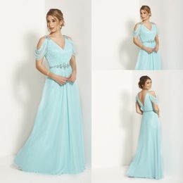 bridal party dresses for bride Canada - Elegant A Line V-neck Light Blue Mother of the Bride Dresses Formal Suit with Short Sleeve Floor Length Bridal Party Gowns 2015