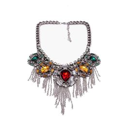 Wholesale-2015 New Women Bib Chokers Necklaces Chain Tassel Gem Statement Necklaces & Pendants Fashion Accessories 4526