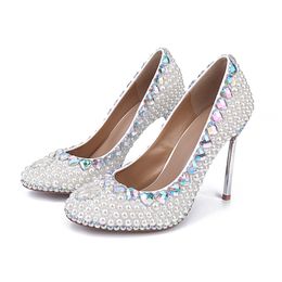 Silver Stiletto Heel White Pearl Wedding Shoes Women's Platform Shoes Rhinestone Thin Heels Bridal Shoes Comfortable Party Shoes