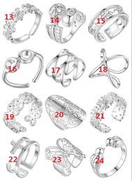 Plated 925 Sterling Silver Ring Can be adjusted Opening Ring Cross glasses Human skeleton FLOWER Butterfly Rings mix 12 style 12pcs