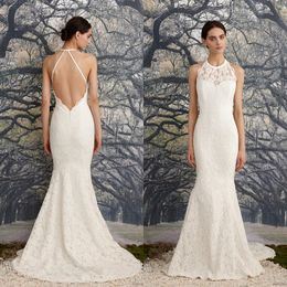 Sexy Backless Wedding Dresses Vintage Lace Mermaid Bridal Gowns with Illusion Halter Jewel Neckline Sleeveless Sweep Train Spring