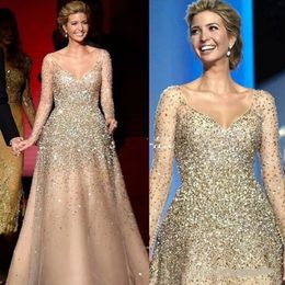 Chic Champagne Bling Ivanka Trump Celebrity Evening Dresses Beaded Long Sleeve Princess Party Gowns Tulle Nude Fashion Prom Dress