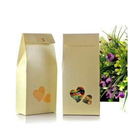 11*23+5cm Kraft Paper Box With Clear Heart Window Wedding Favor Candy Gift Packing Bag Box Food Snack Chocolate Nuts Storage Packaging