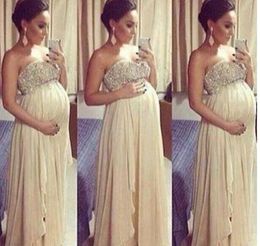 Gorgeous Crystal Maternity Prom Dresses Strapless Chiffon Evening Gowns Pregant Women Outfits Party Dress Beaded Top Vestidos Custom Made