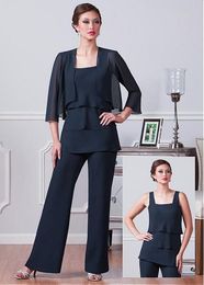 Dark Navy Mother Of The Bride Pant Suits With Jackets Square Neck Wedding Guest Dress Three Pieces Plus Size Chiffon Mothers Groom Dresses