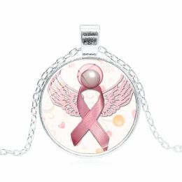 New Arrival Pink Ribbon Glass Gemstone pendant necklaces Breast Cancer Awareness necklace For women&men's Fashion Jewelry
