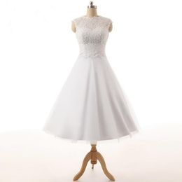 Simple Cheap Short Wedding Dress Sheer Neck lace With Beading Hollow Back A line Knee length Tulle Plus size Wedding Dresses Gowns New