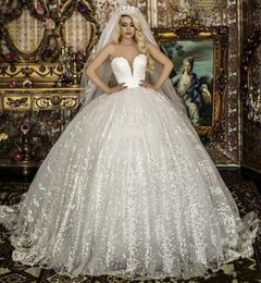 Gorgeous White Applique Ball Gown Wedding Dresses Deep V Neck Bridal Gowns Custom Made Princess Wedding Dress