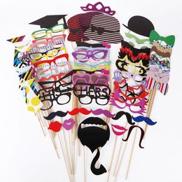 free birthday prop UK - Free DHL Photo Props Glasses Mustache Lip Hold Stick Wedding Birthday Party DIY Masks Fun Favor 1Set 76pcs
