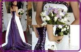 Luxury Bridal Hot Sale White And Purple Wedding Dresses Strapless Beads Rmbriodery Satin A Line Court Train 2016 Bridal Gown Custom Made Luxury Bridal Hot Sale White And Purple Wedding Dresses Strapless Beads Rmbriodery Satin A Line Court Train 2016 Bridal Gown Custom Made