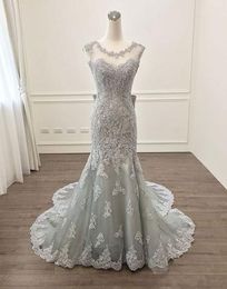 Sliver Mermaid Evening Dresses Formal Gowns 2021 Sheer Bateau Neck Lace Applique Long Cheap Prom Dress Red Carpets Real Photos