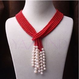 new design long natural 6-7mm red coral white pear lnecklace scarves